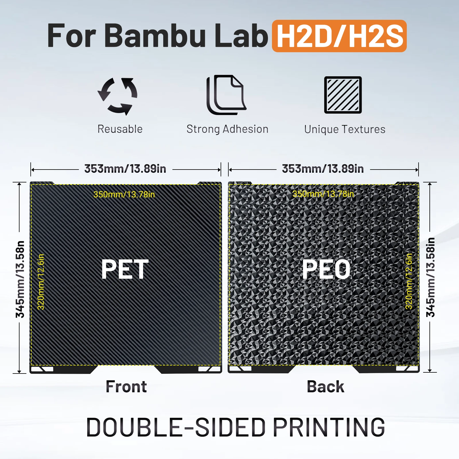 

Для Bambu Lab H2D рабочая пластина с двусторонней печатью, гладкая питомец, 350x320 мм, кровать с подогревом для 3D-принтера bambulab h2d, нагревательная платформа