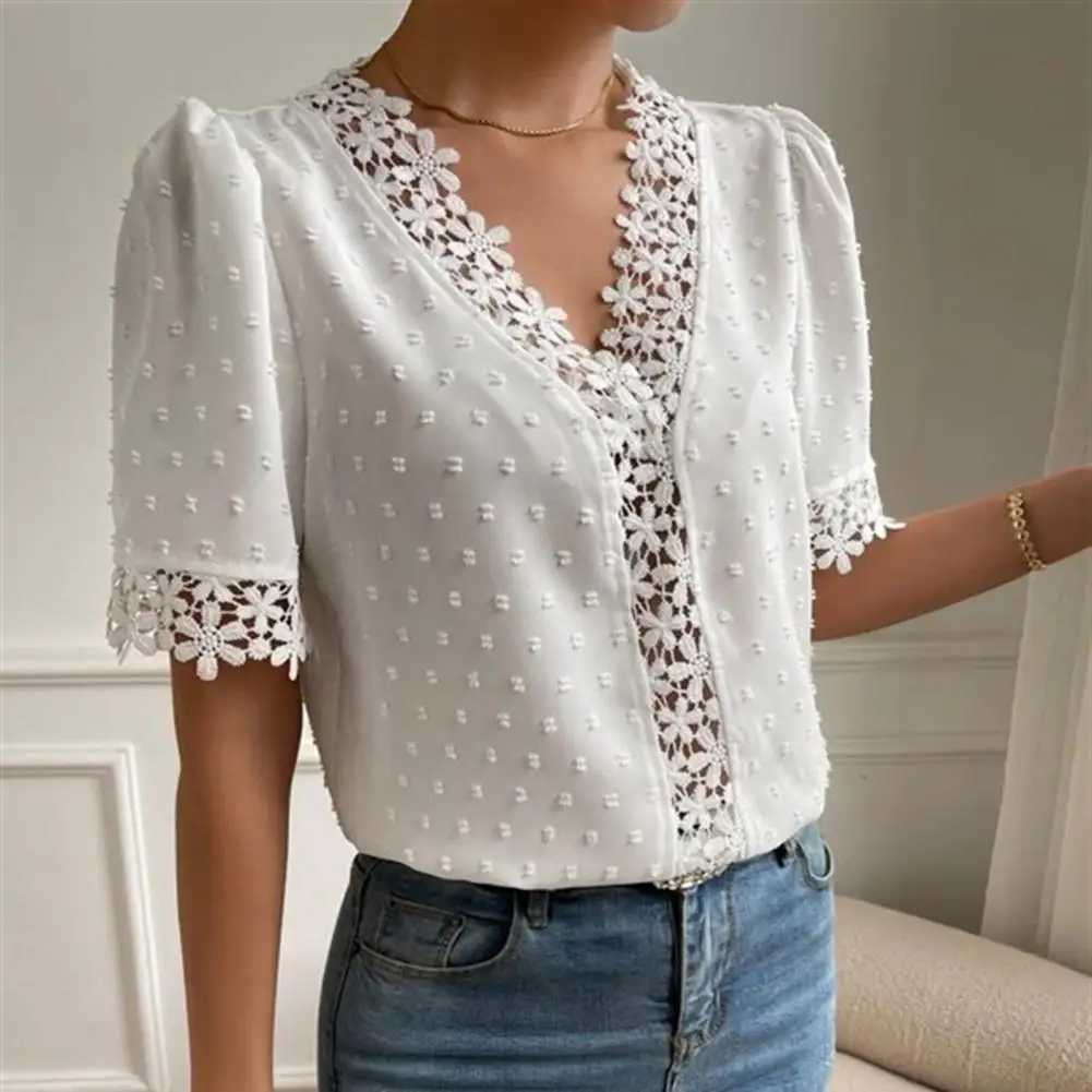 Women T-shirt Floral Lace Splicing V Neck Short Sleeves Pullovers Solid Color Elegant Summer Ladies Tee Blouse Top Streetwear