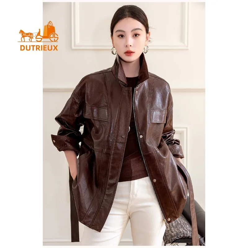 新しい秋の女性用ミッドレングス本革ジャケット、100%本物のシープスキン、スリムフィットカジュアルファッションジャケット、女性に最適