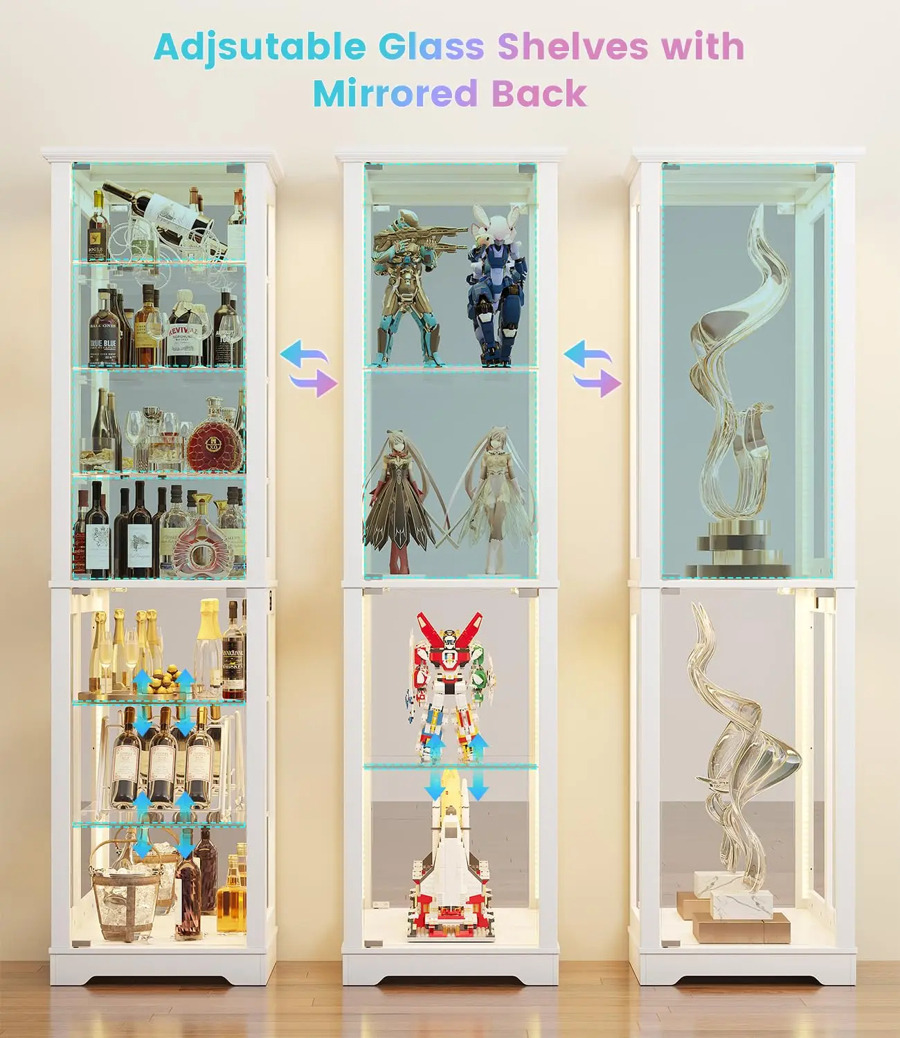 71" Tall Bar Cabinet with RGB Lights, 7-Tier Storage Shelves, White | Modern Home Liqour Cabinet with Motion, Customized image 6