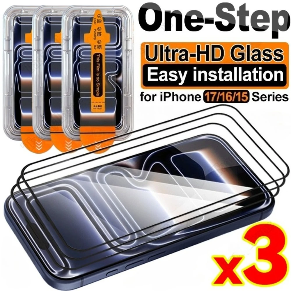 

3Pcs Full Cover HD Tempered Glass for iPhone 17 16 15 14 Pro Air 16 15 Plus 13 12 11 Pro Mini One Click Installation Protectors