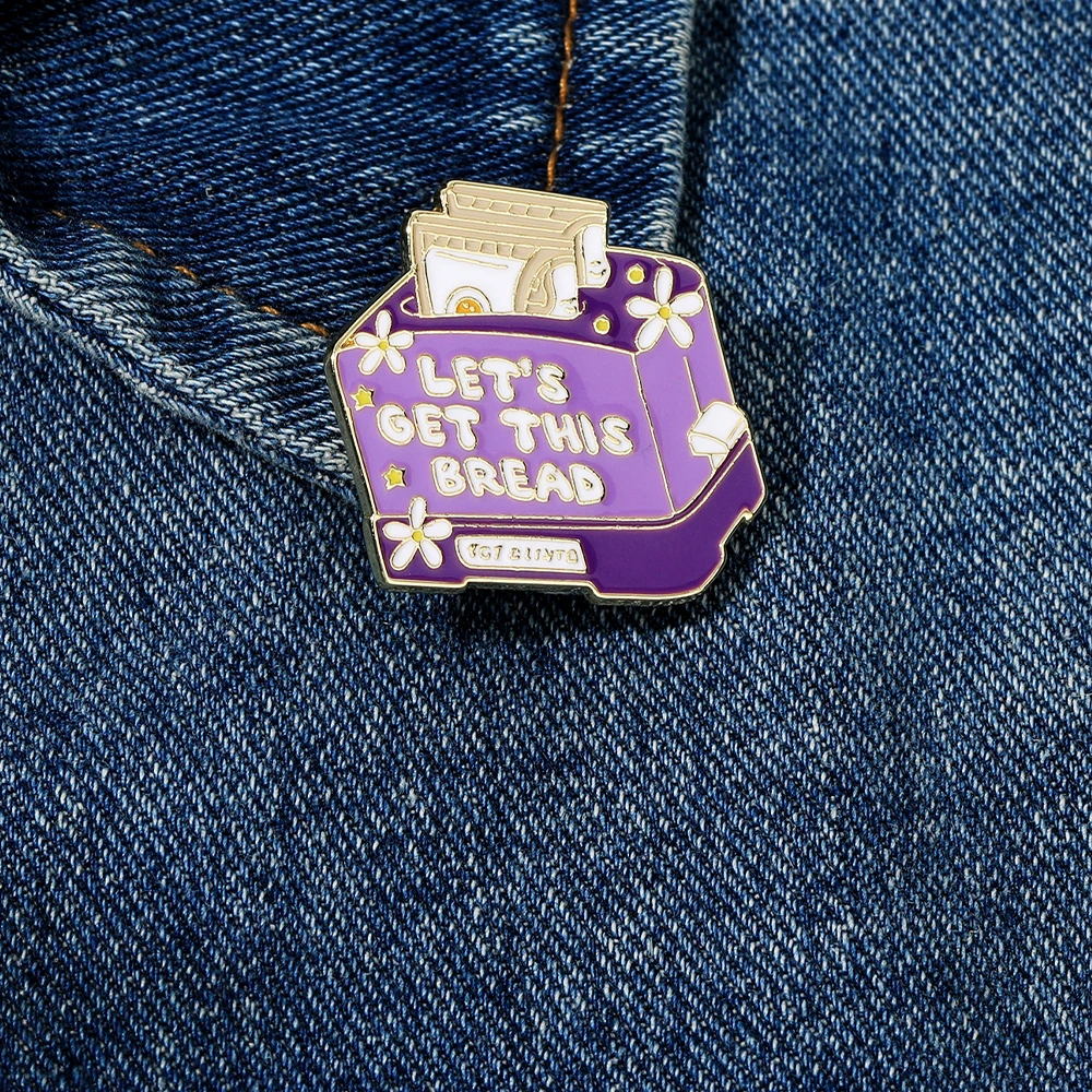 Funny Let's Get This Bread Enamel Brooches Cute Purple Flower Pattern Toaster Shaped Golden Pins