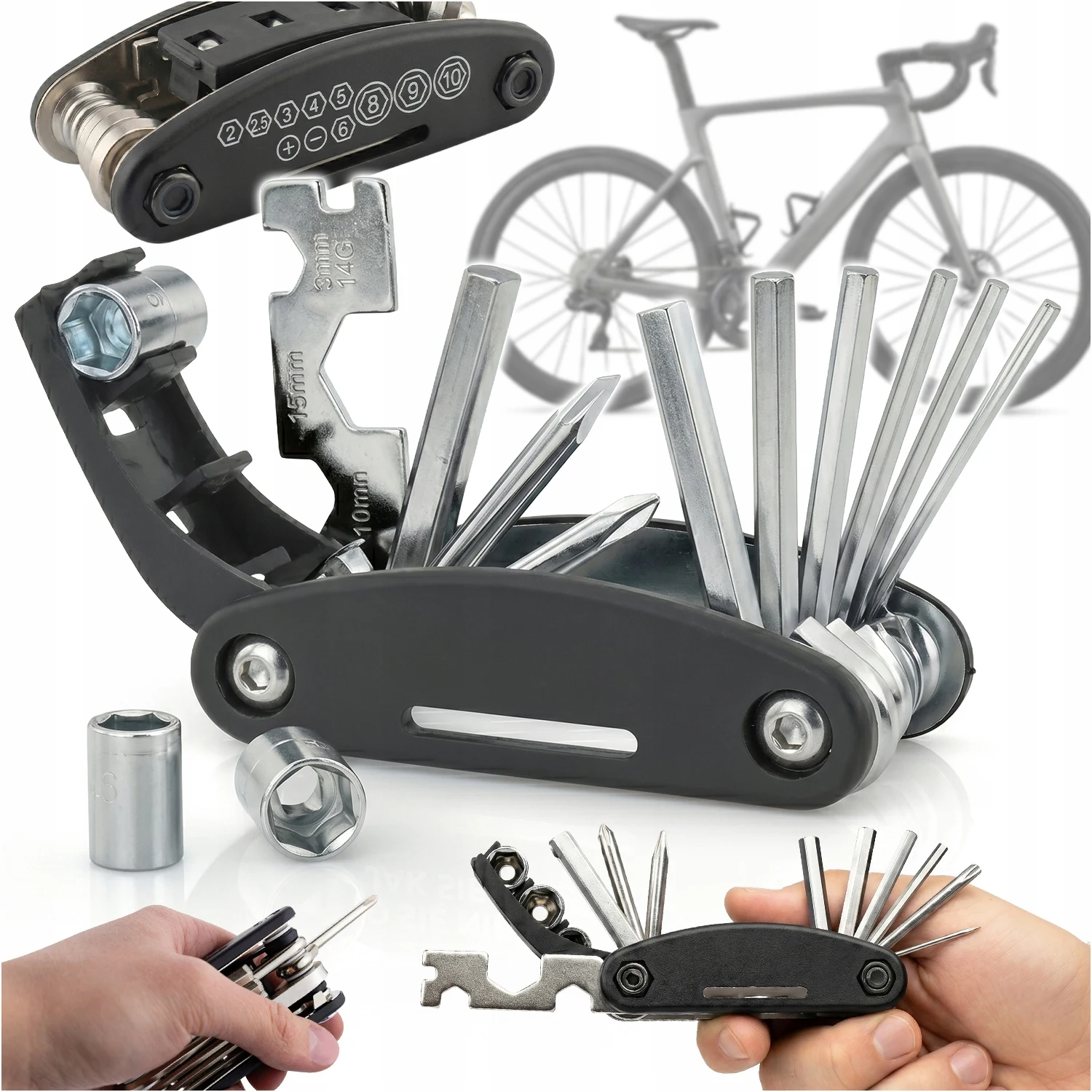 Kit d'outils multifonctions pour vélo 16 en 1, multi-outils compact avec clés Allen, clé à rayons, douilles, tournevis, outils de réparation de vélo pliables portables pour VTT, vélos de route, BMX, cyclistes, entretien d'urgence sur la route, accessoire de cyclisme en acier durable, cadeau pour les cyclistes