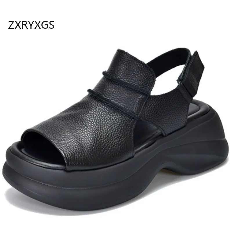 ZXRYXGS 2026 New Top Layer Cowhide Fish Mouth Sandals Thick Sole Increase Shoes High Heel Sandals Women Genuine Leather Sandals