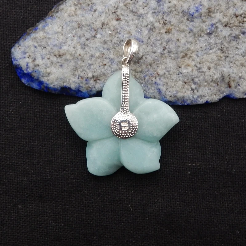 925 Sterling Silver Pendant,Natural Stone Amazonite Handcarved Flower Pendant Women Gift 32x35x6mm 9g