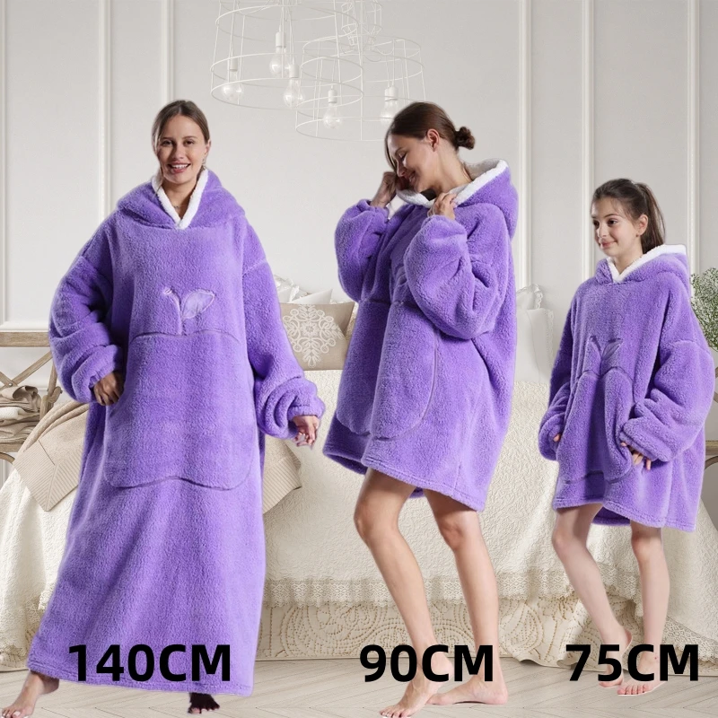 New Super Long Flannel Blanket Long Sleeves Hooded Warm Pajama Adult Pullover Fleece Soft Onesie Sleeping Blanket  Winter Warm