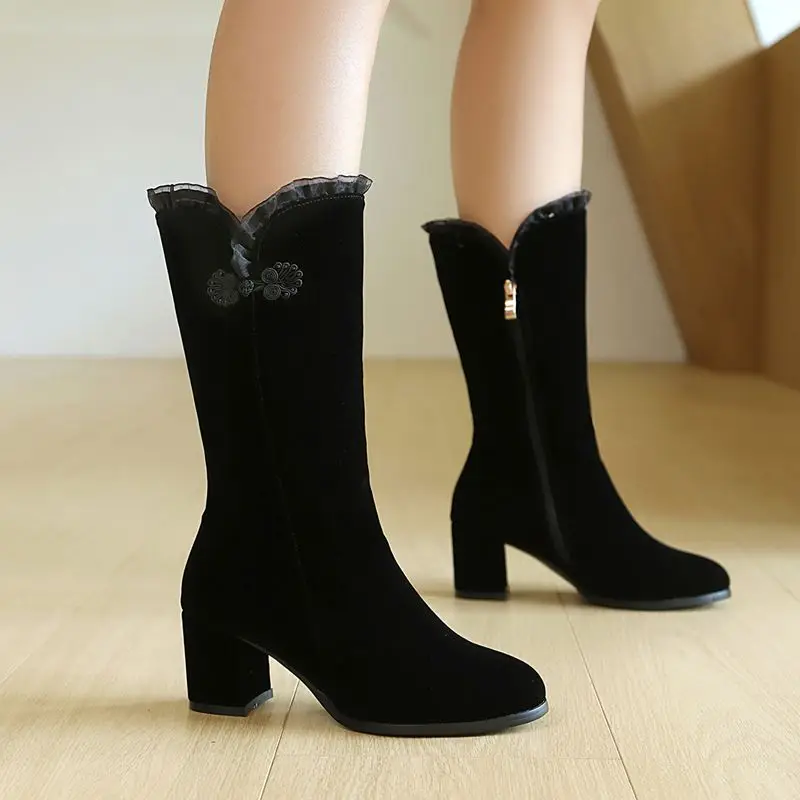 ORCHA LISA موضة المرأة منتصف العجل الأحذية جولة تو 5 سنتيمتر كتلة كعب سستة Bowknot قطيع الجلد المدبوغ حجم كبير 41-43 زفاف ناضجة #3