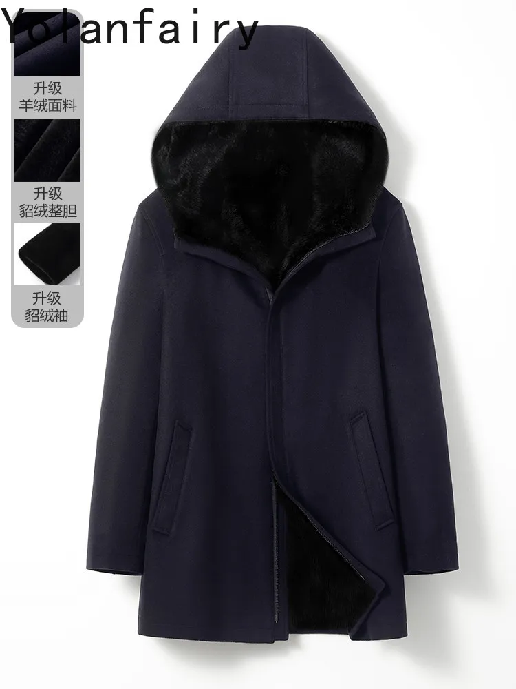 YOLANFAIRY Luxury Cashmere Wool Coats for Man High Quality Winter 2026 Detachable Whole Mink Fur Liner Jacket with Hood Parkas