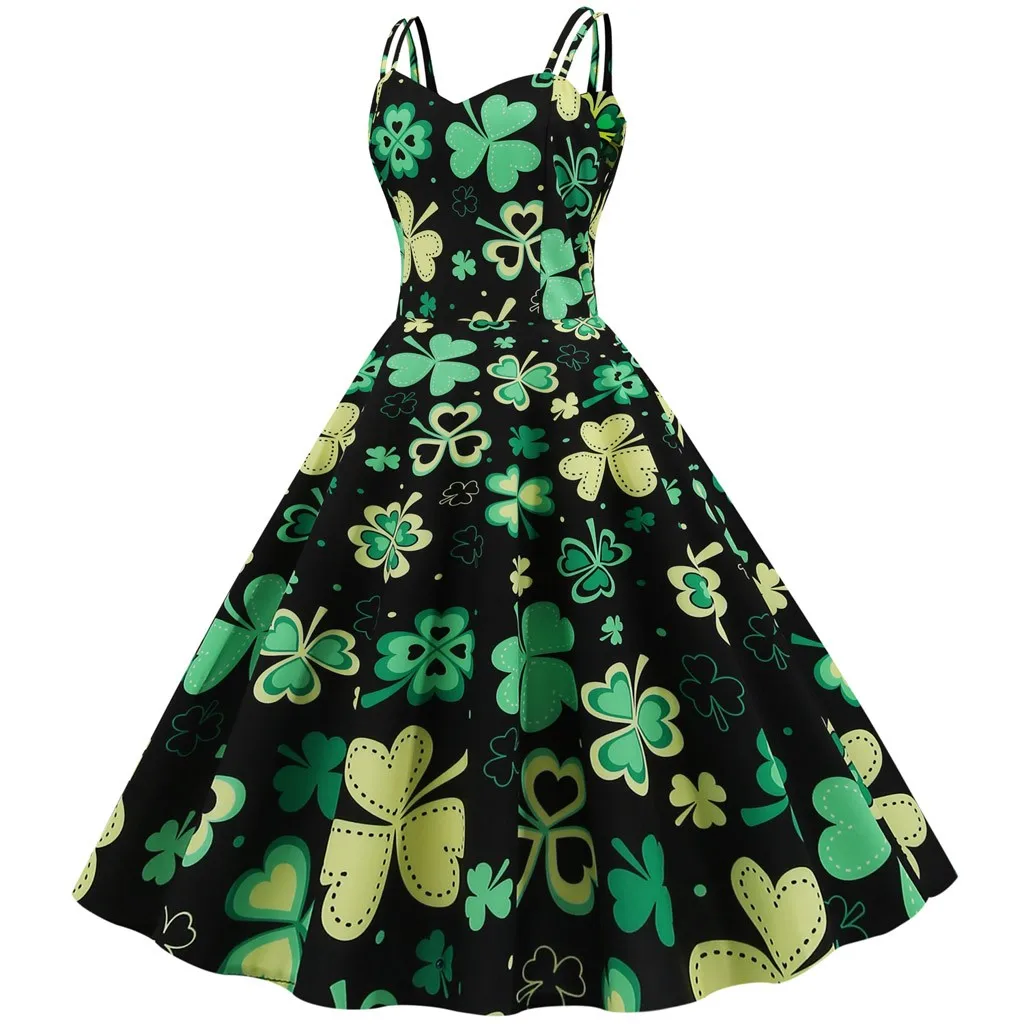 Saint Patricks-vestido con estampado de trébol, traje de baile con correa, Swing grande, para fiesta de noche y graduación