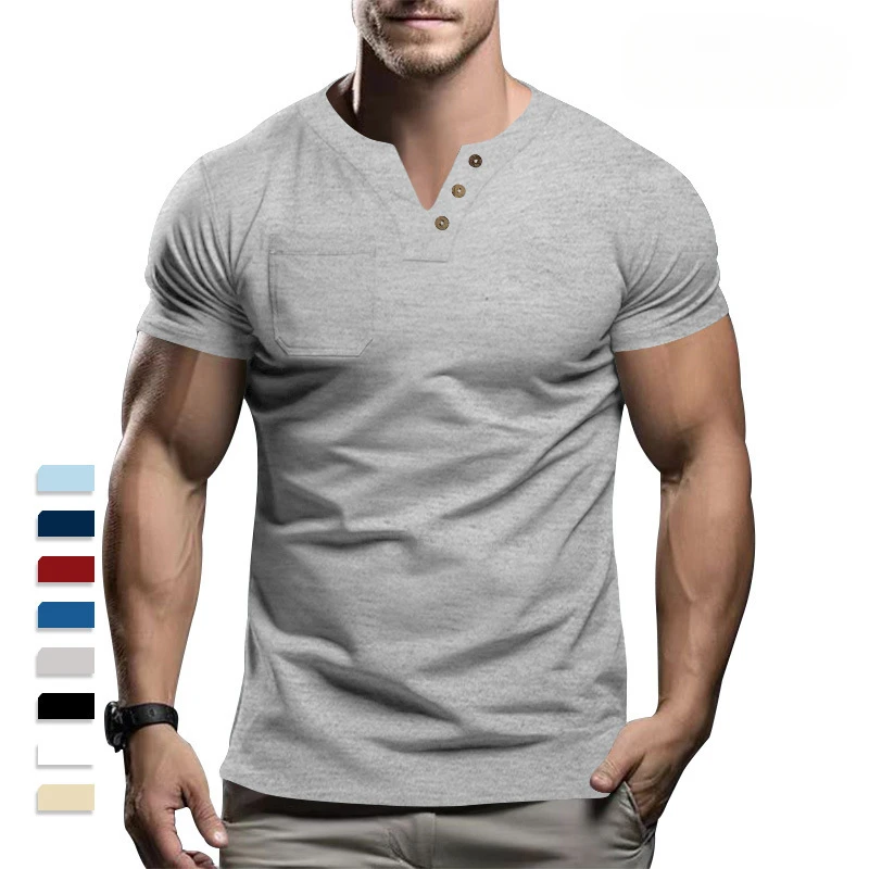 Men's Henley V Neck T‑Shirt Short Sleeve 3‑Button Placket Chest Pocket Solid Color Casual Summer Tops