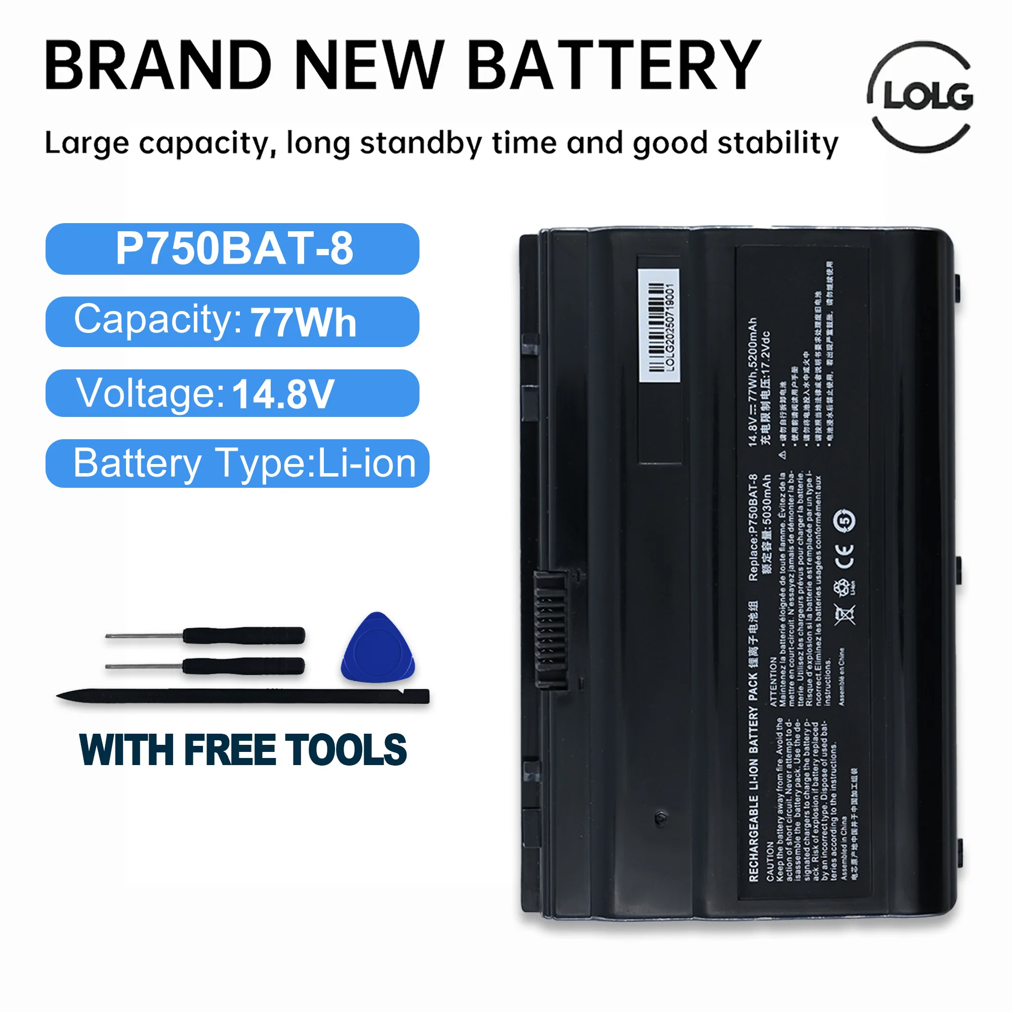 Batería para Portátil LOLG P750BAT-8 Compatible con Clevo P750 P750ZM P750S P751ZM P751DM Terrans Force X599 X799 Hasee ZX8-CP5S1 ZX7-KP5D1 ZX8-SP