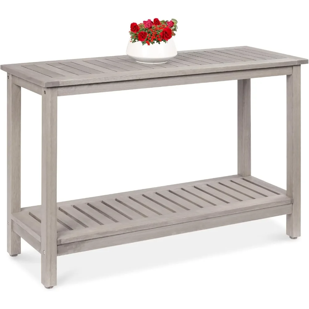 

48in Outdoor Table with Foot Sliders, 2-Shelf Eucalyptus Wooden Console Tables, Multifunctional Patio Table