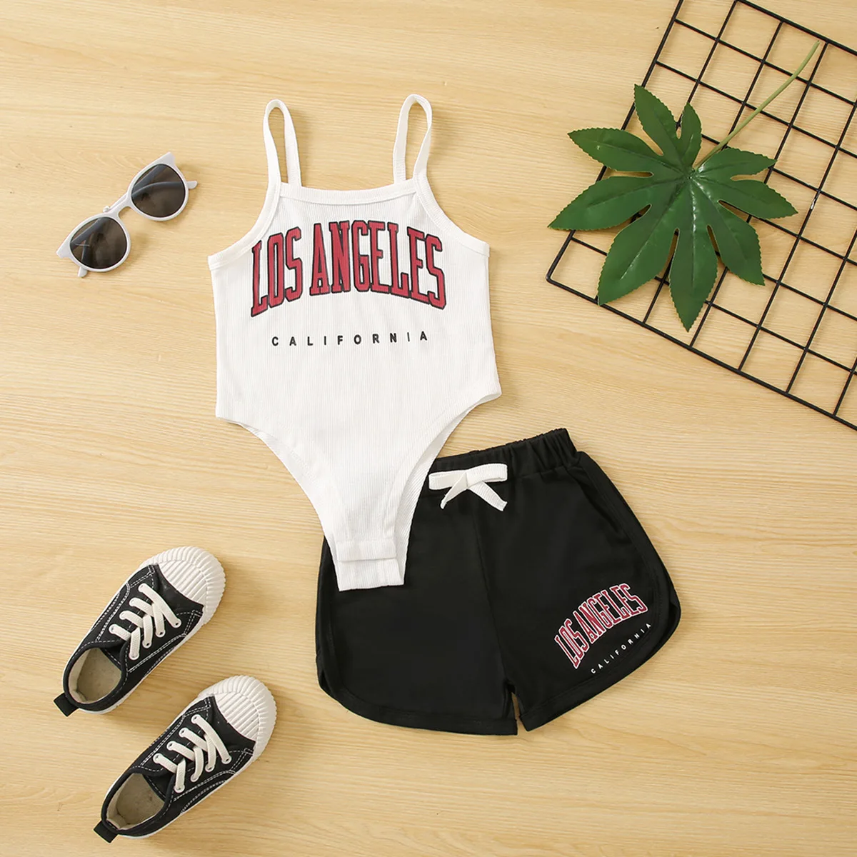 

New 2024 Summer Kids Clothes Sets Baby Girls Sleeveless Letter Print Knit Sling Bodysuit + Shorts Children's Casual Clothing