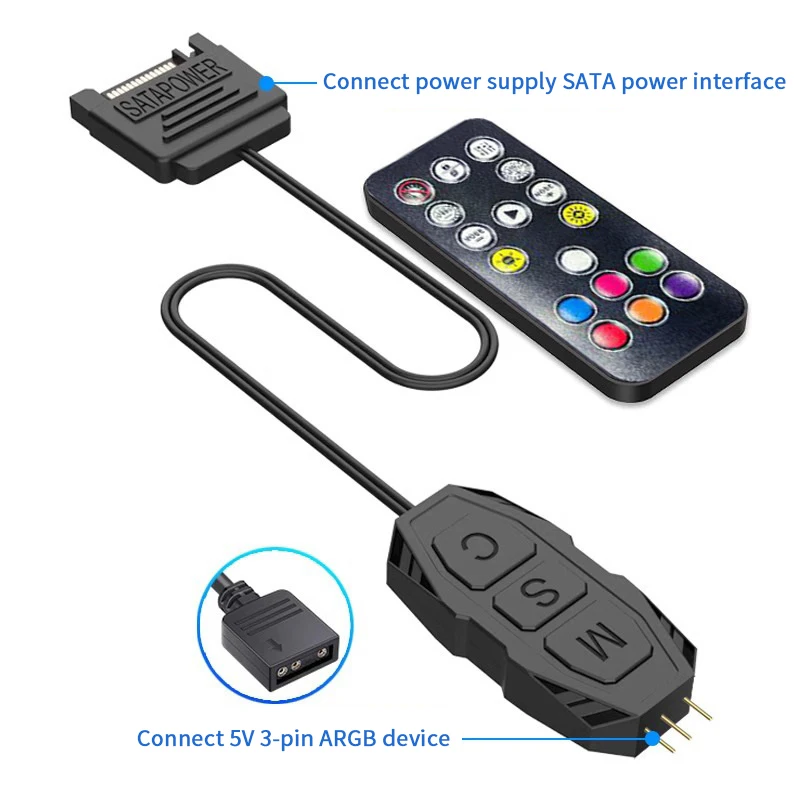 ARGB Controller 5V 3PIN SATA Cable Light Adapter for PC CPU Cooling Fan, Radiator, LED Strip Light Controller