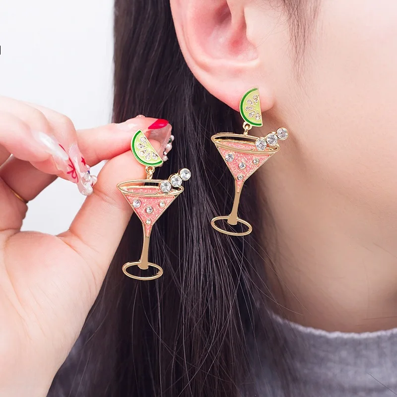 Personalized Watermelon Wine Glass Earrings Set with Rhinestone Pink Green Color Alloy Material for Vacation and Travel Gifts