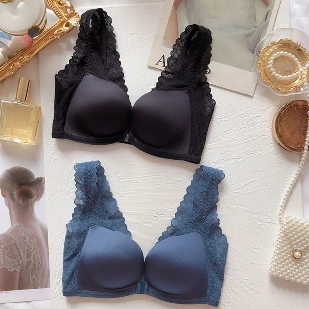 

Lace Lace Front Buckle Bra Beauty Back Bra without Steel Ring Wireless Deep V Bra Small Chest Anti-sagging Lingerie