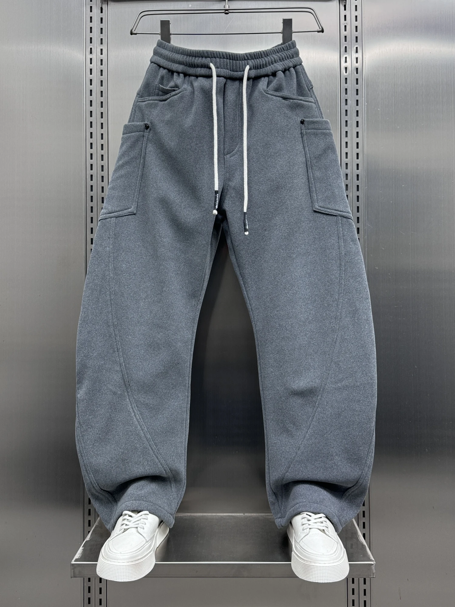 

Мужские прямые брюки на флисовой подкладке, повседневные широкие брюки для осени и зимы, однотонные спортивные брюки для отдыха с большими карманами