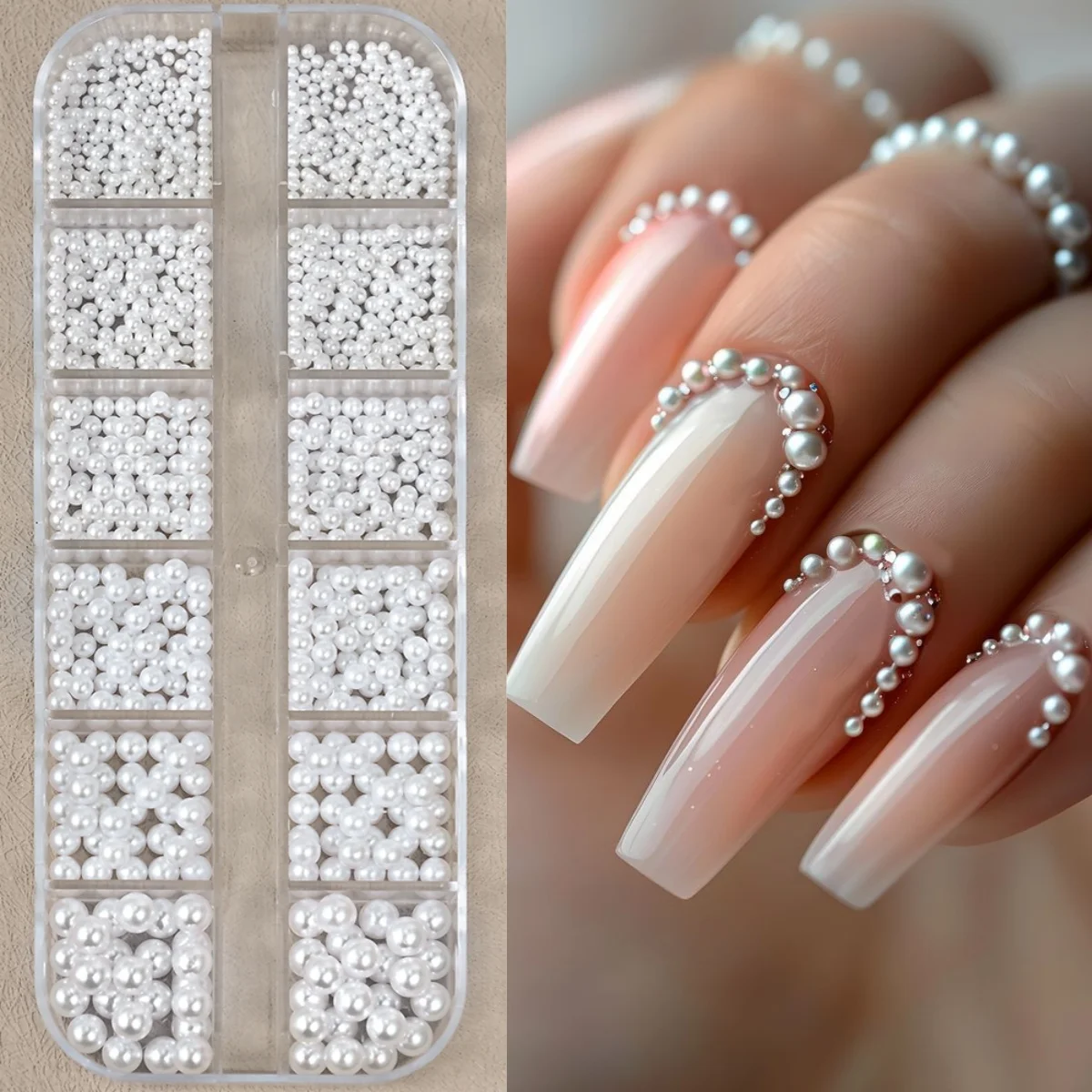 12-Grid Nail Art Kit White Round Pearls Nail Charms 1.5/2/2.5/3/4/5mm Highlighting Pearl Beads Nail Rhinestones Manicure Parts *