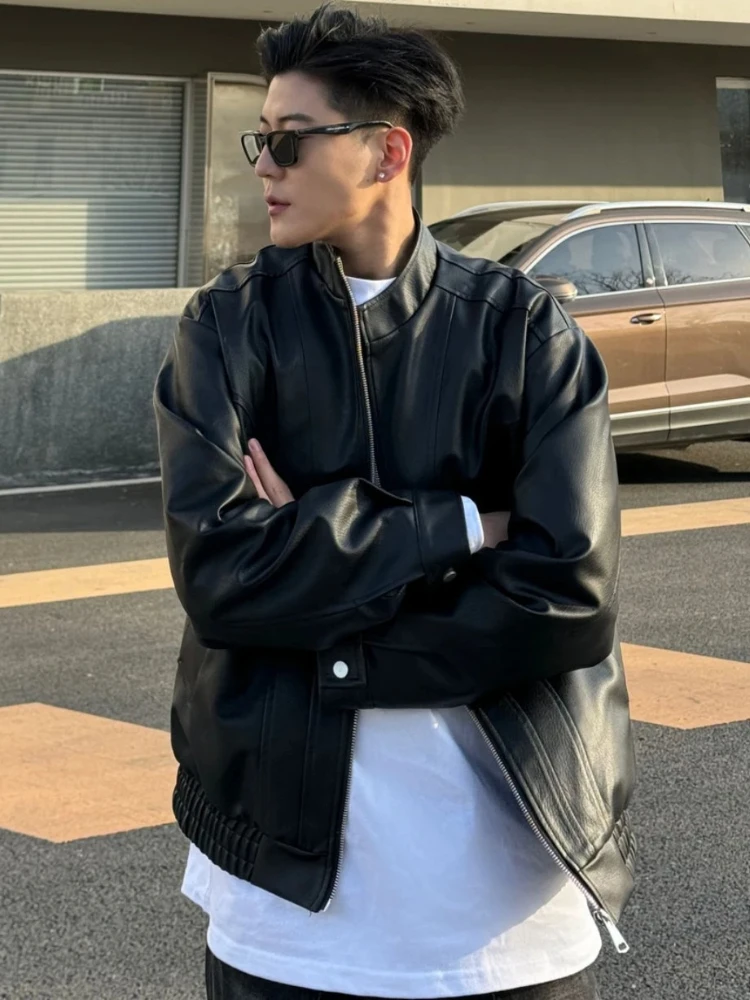 

Trendy Badass PU Leather Jacket for Men Half Hooded Motorcycle Coat with Casual Utility Design Couple's Fashion Outerwear​