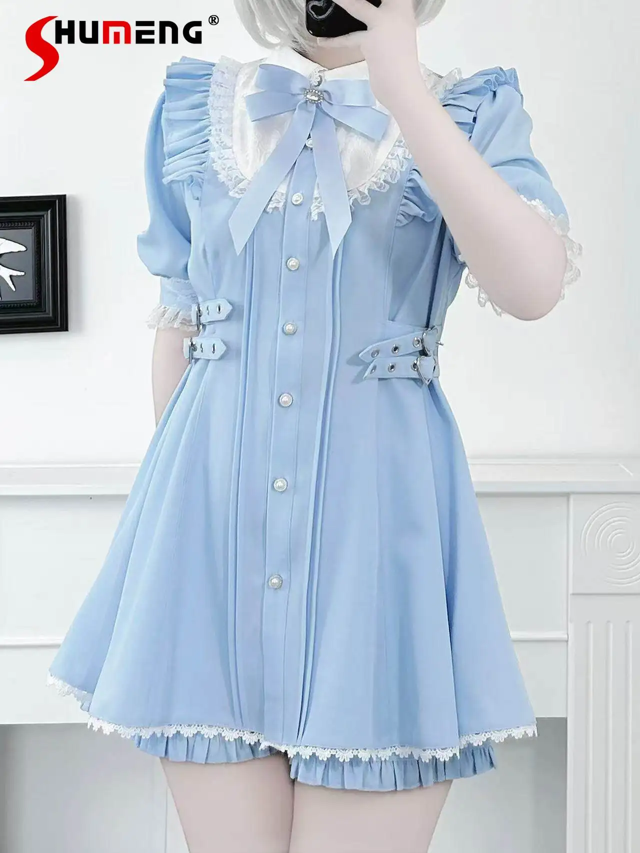 

Original Japanese Mines Style Mass Production Lace Doll Collar Bow Short Sleeve Slim Lolita Dress Shorts Two-piece Set for Women