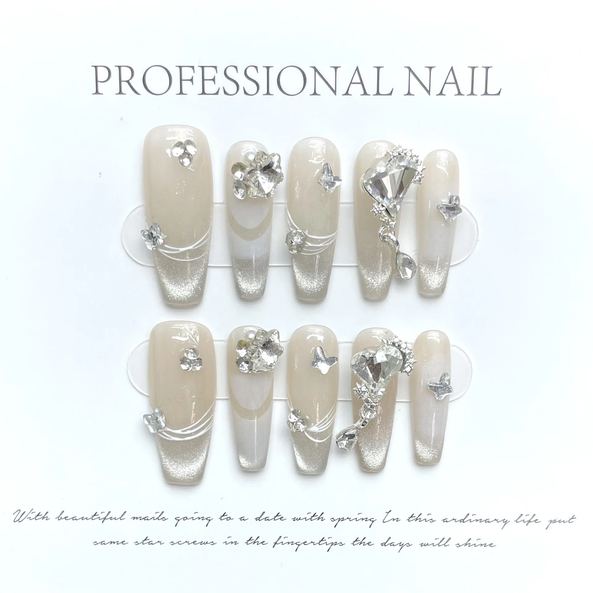 

24Pcs Long Ballerina Fake Nails with Butterfly Rhinestone Handmade False Nails Wearable French Nail Tips Nude Press on Nails