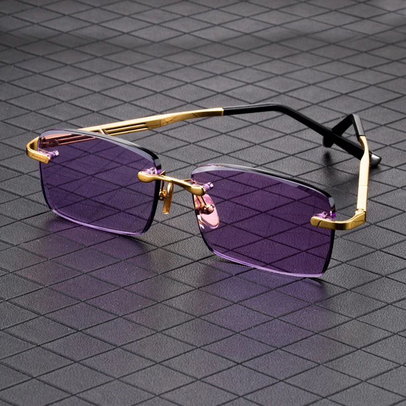 Purple Crystal Stone Sunglasses Man Rimless Glass Sun Glasses Woman Mineral Lens Metal Frame Anti Scratch Top Quality