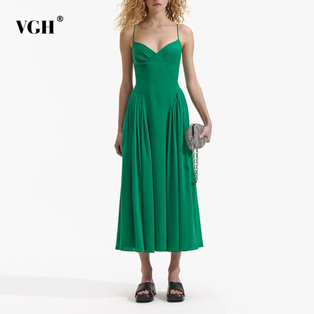 

VGH Solid Elegant Slimming Draped Dresses For Women Square Collar Sleeveless Backless High Waist Sexy Dress Female Fashion New