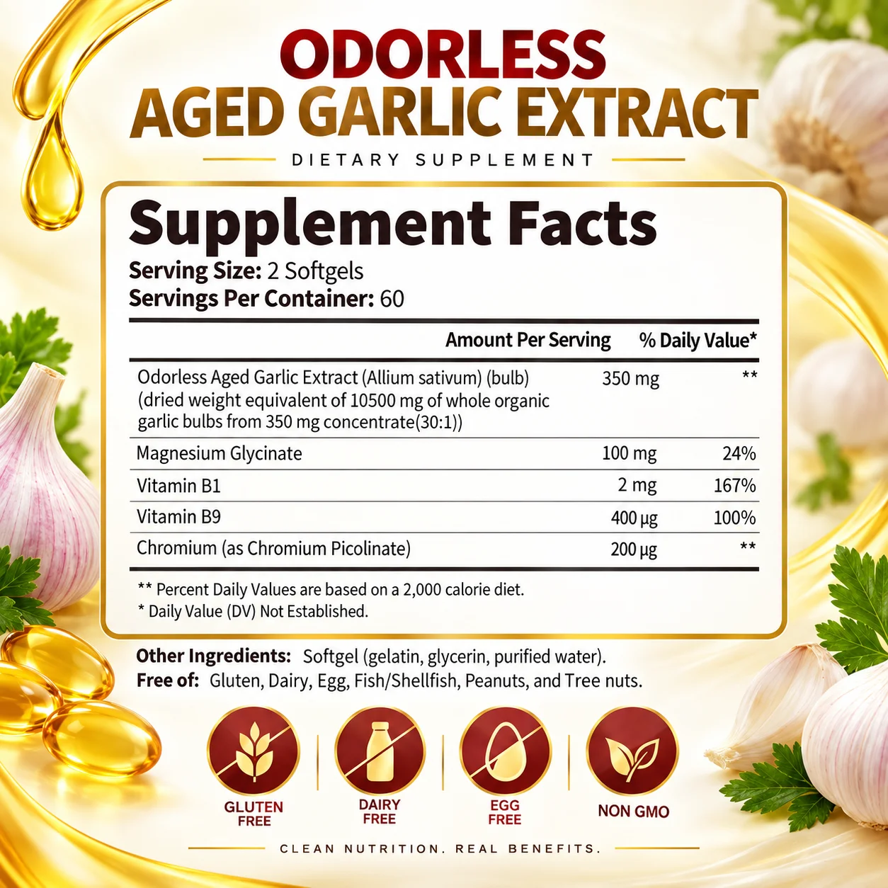 Odorless Aged Garlic Extract - Helps Lower Cholesterol, Antioxidant, Support Heart & Cardiovascular Health, Boost Immunity