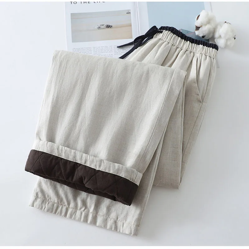 

Literary Solid Color Cotton Linen Cotton Wide-leg Pants Women Wear Thin Warm Straight Casual Cotton Pants Winter