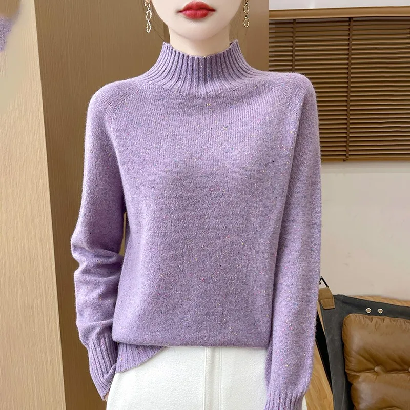 Women's Half Height Neck 100% Pure Wool Sweater Women's Fall/Winter Dot Yarn Soft Pullover Knitted Thick Warm Outdoor Casual Top