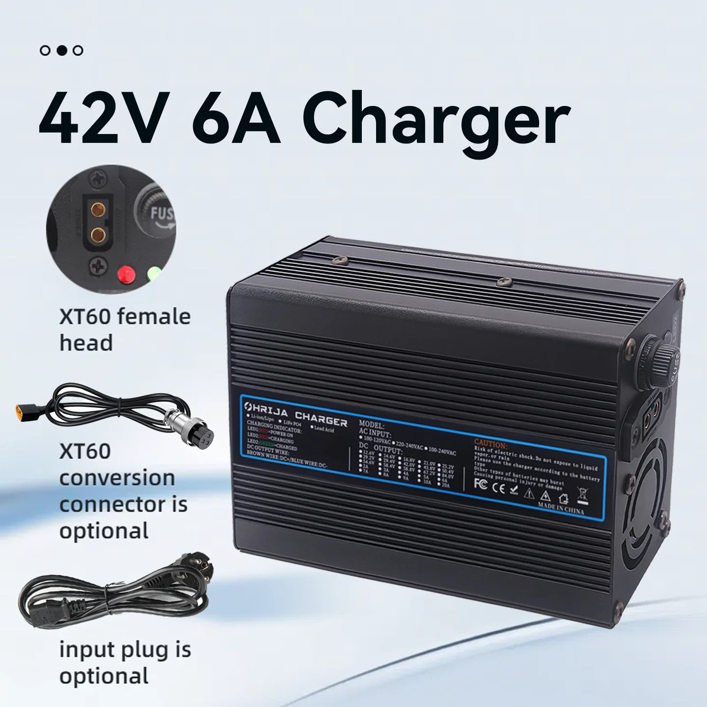 42V 6A charger quick aluminum shell suitable for 10 string 37V Li-ion Battery Charger detachable connector plug is optional
