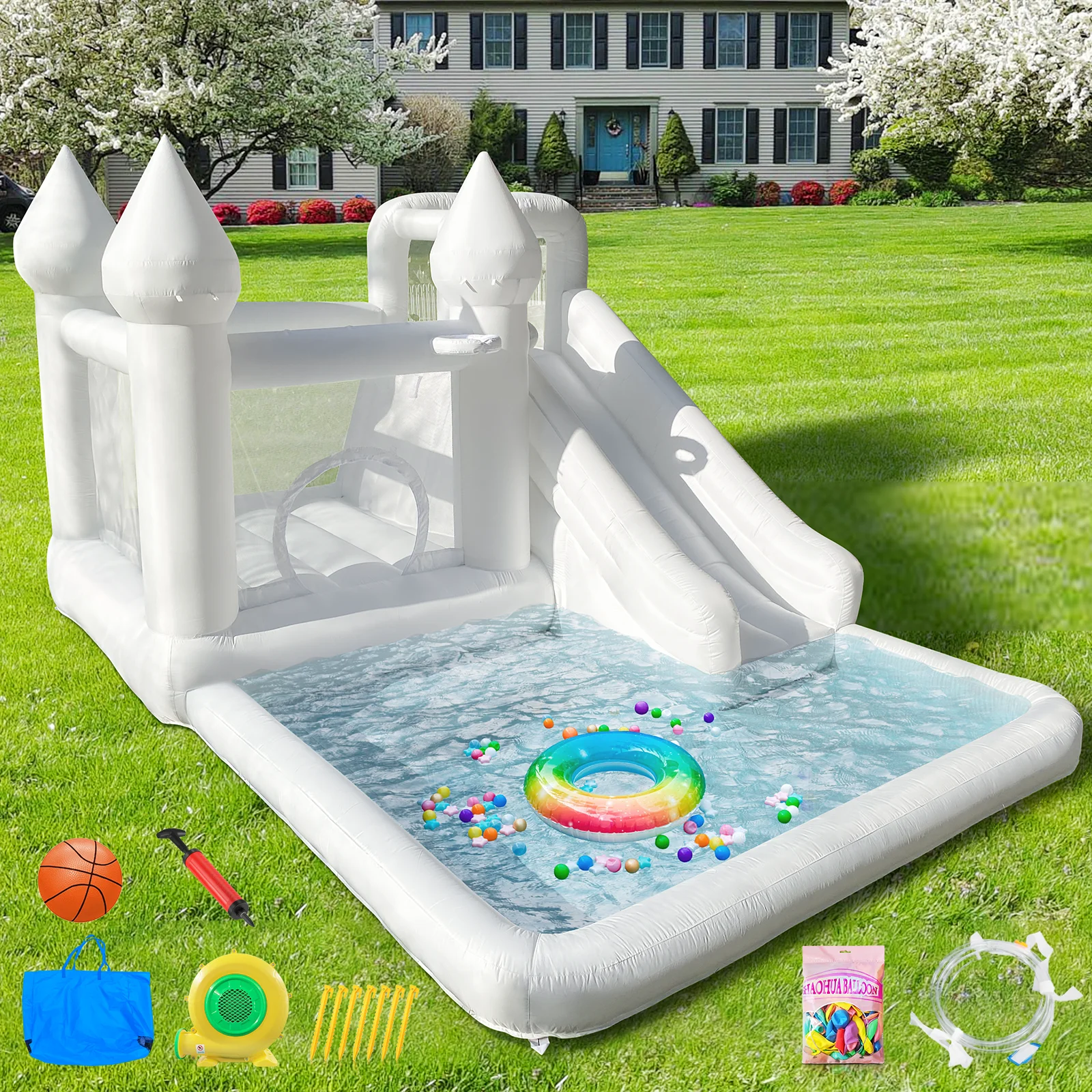 Large Outdoor Playground Garden Pool Water Slide Inflatable For Children Family Bounce House With Blower Ball Pit Kids Games