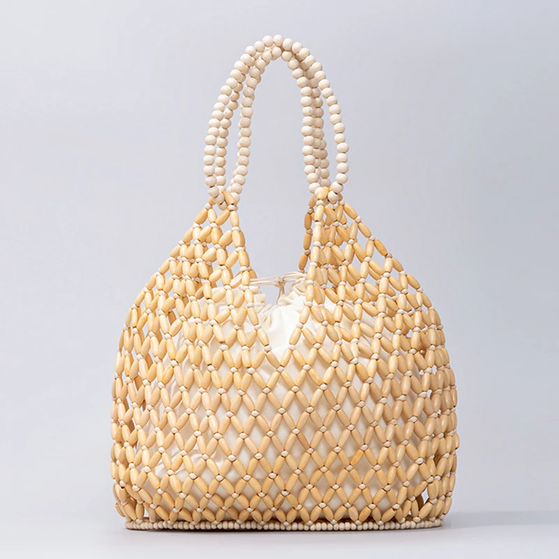 Simple Casual Handwoven Wooden Bead Handbag New Retro Versatile Summer Vacation Handheld Women\'s Shoulder Bags Water Bucket Bag