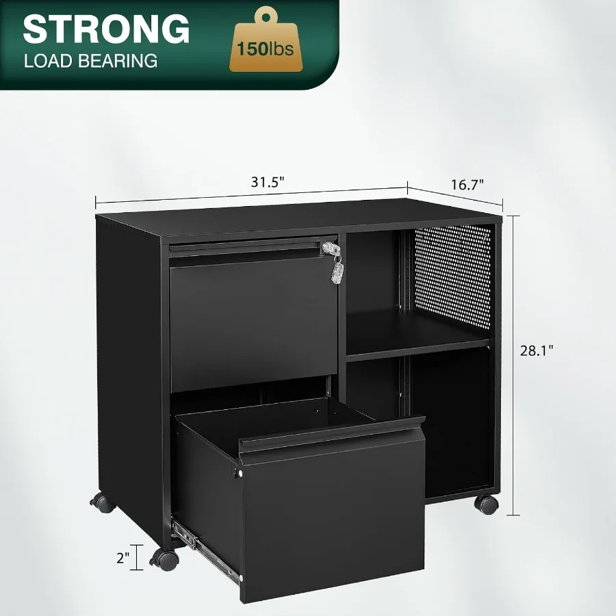 Mobile File Cabinet with Side Hook, 2 Drawer Lateral File Cabinet with Lock fits A4/Letters/Legal Size for Home Office, Metal R