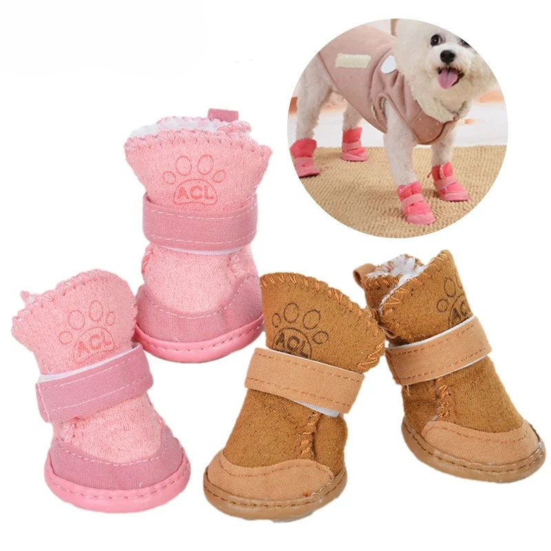 4Pcs/set Warm Pet Dog Shoes for Small Medium Dogs Cute Dog Boots Outdoor Non-Slip Puppy Sneakers Anti-Slip Dog Foot Protector