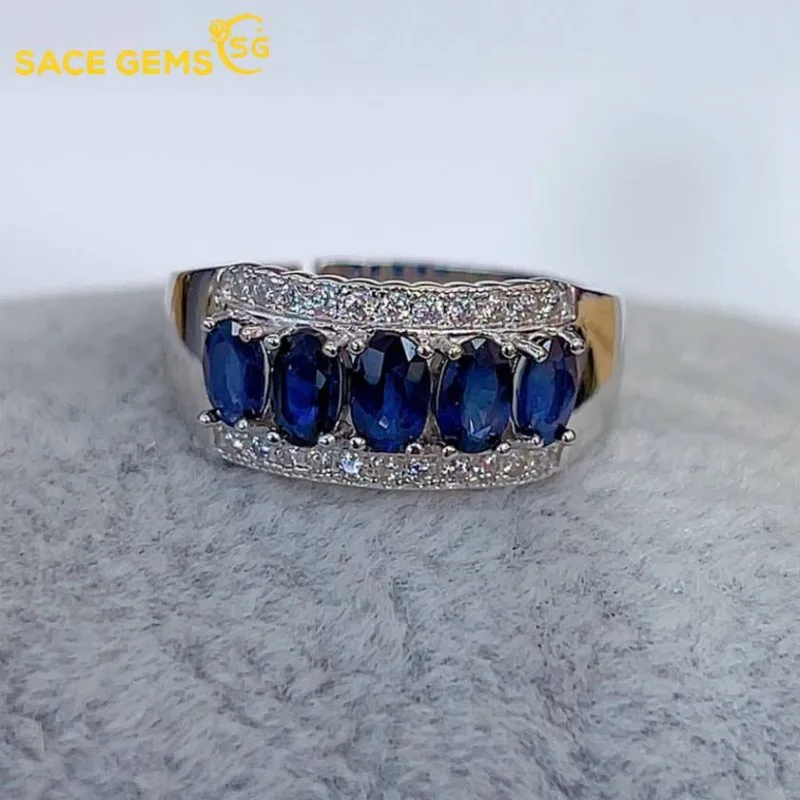 

SACEGEMS Fashion 925 Sterling Silver 3*5mm Natural Sapphire Luxury Rings for Women Created Wedding Engagement Party Fine Jewelry