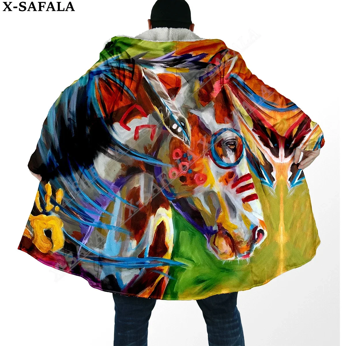 Native Dream Catcher Horse Feather 3D Print Dream Cloak Thick Warm Hooded Men Overcoat Coat Windproof Fleece Cape Robe Blanket-1