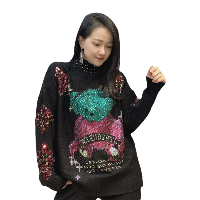 Balck Pullover Long Sleeve Sweater Female 2023 Autumn Winter Turtleneck Sweater Women\'s Loose Cartoon Rhinestone Knitwear Top