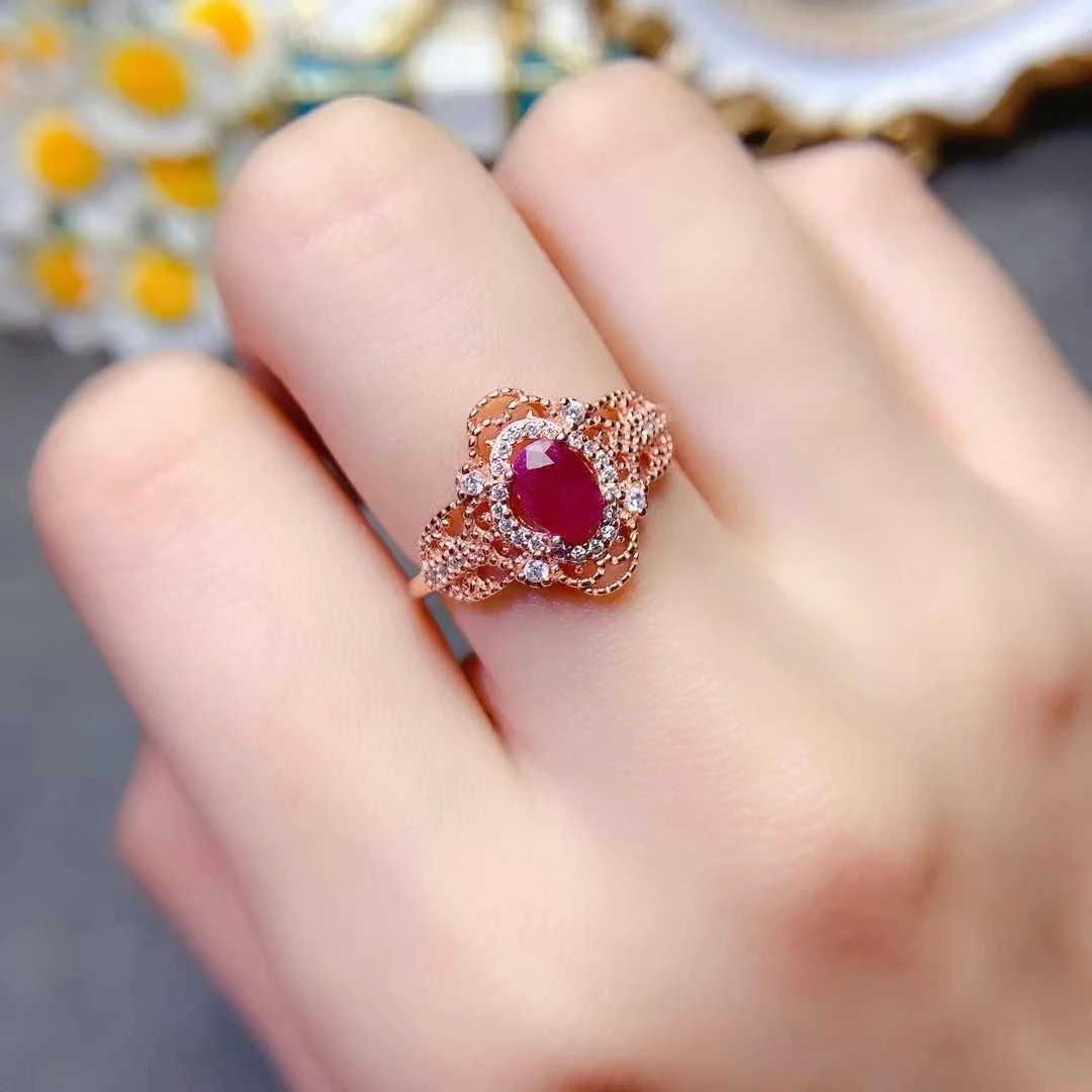 

Vintage 925 Silver Ruby Ring with Gold Plated 4mm*6mm 0.5ct Natural Ruby Jewelry with 18K Gold Plated Silver Ring