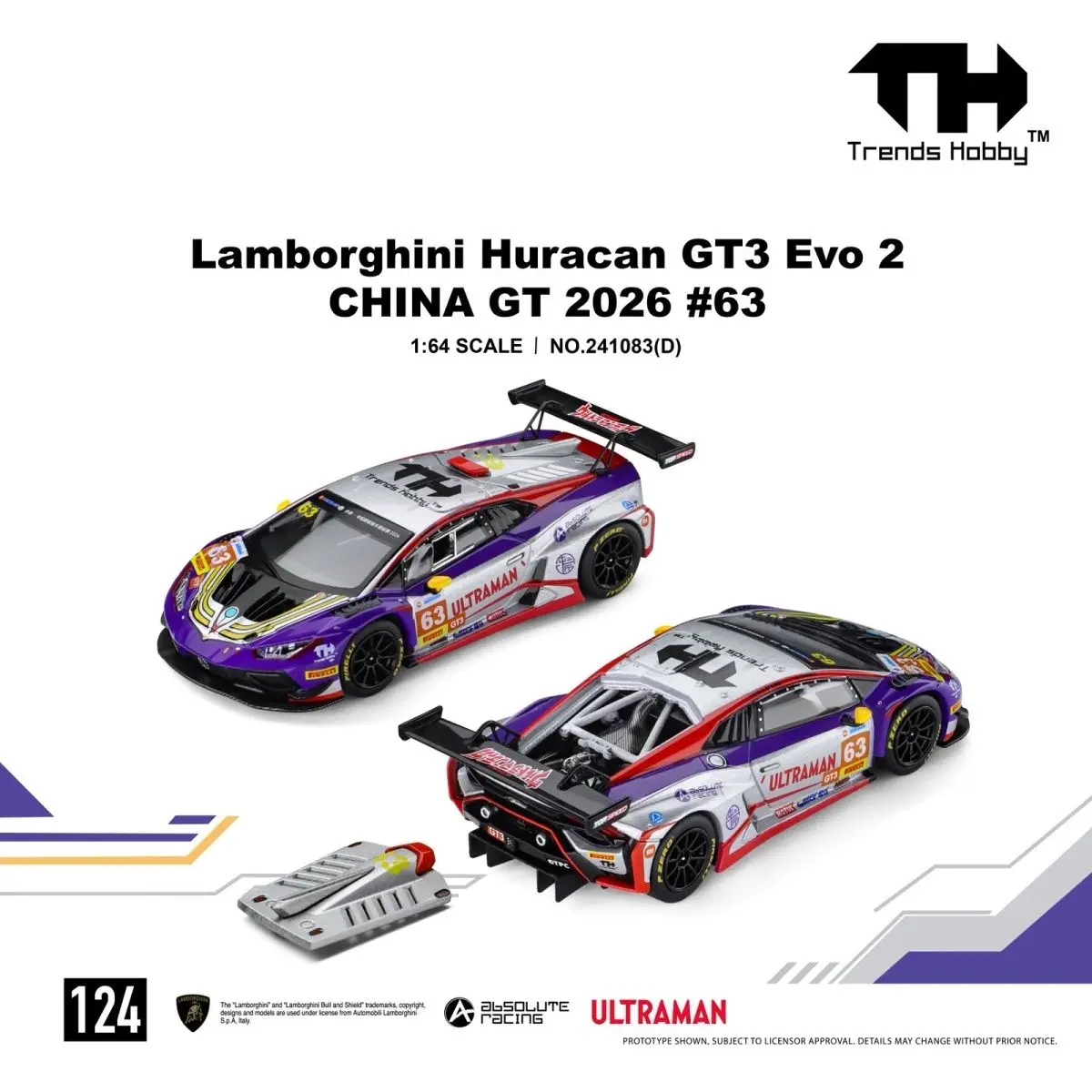 Trends Hobby 1/64 Lamborghini Huracan GT3 EVO2 Absolute Racing 2026 China GT Miniaturmodellauto Freilaufende Räder Diecast Sammlung