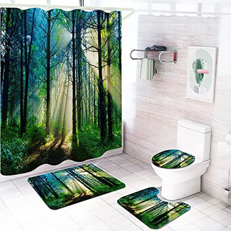 Pine Forest Grass Ground Trees Sky Sunshine Natural Landscape Shower Curtain With Rugs Set 4pcs For Bathroom Decor