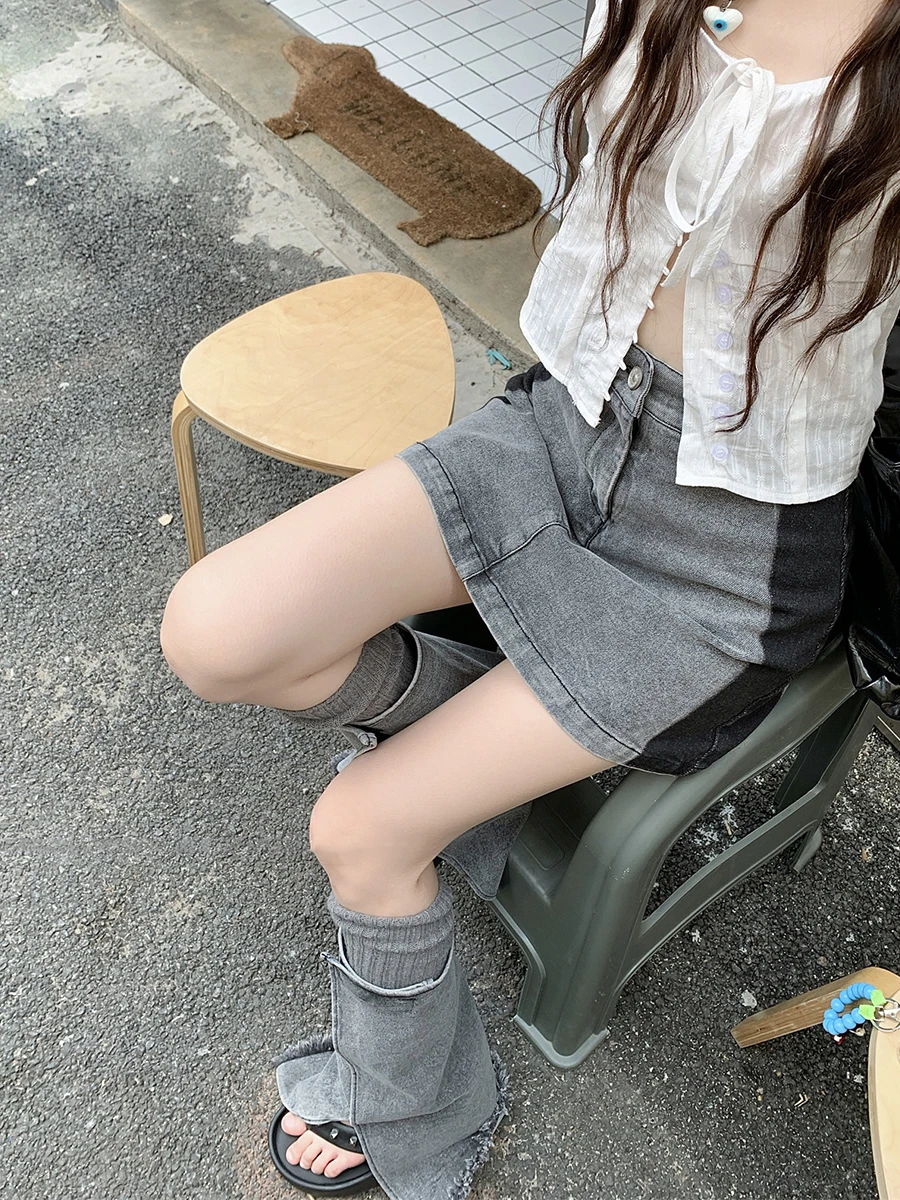 REDDACHiC Patchwork Vintage Gray Women Denim Suit High Rise Bodycon Mini Skirt Frayed Slit Leg Warmers Y2k Acubi Fashion Clothes