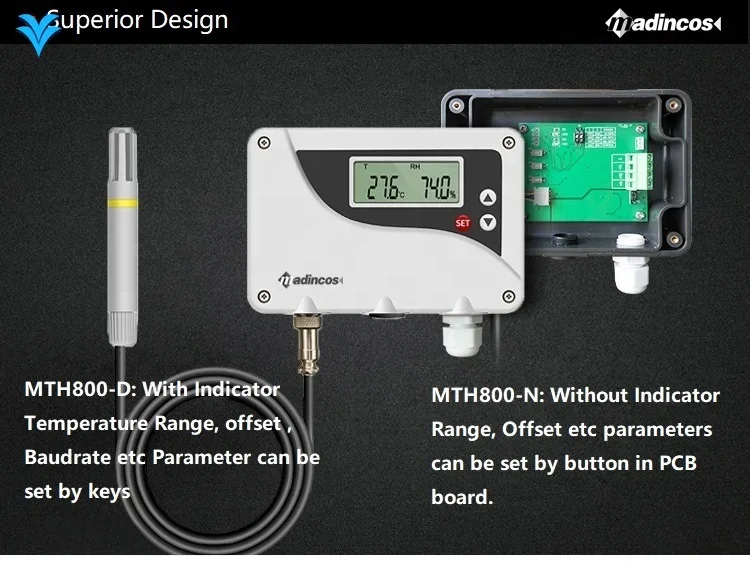 MTH800: Madincos Wall Mounted Seperate Remote Digital Humidity and Temperature Transmitter with 2m Water-proof Lead Cable Sensor