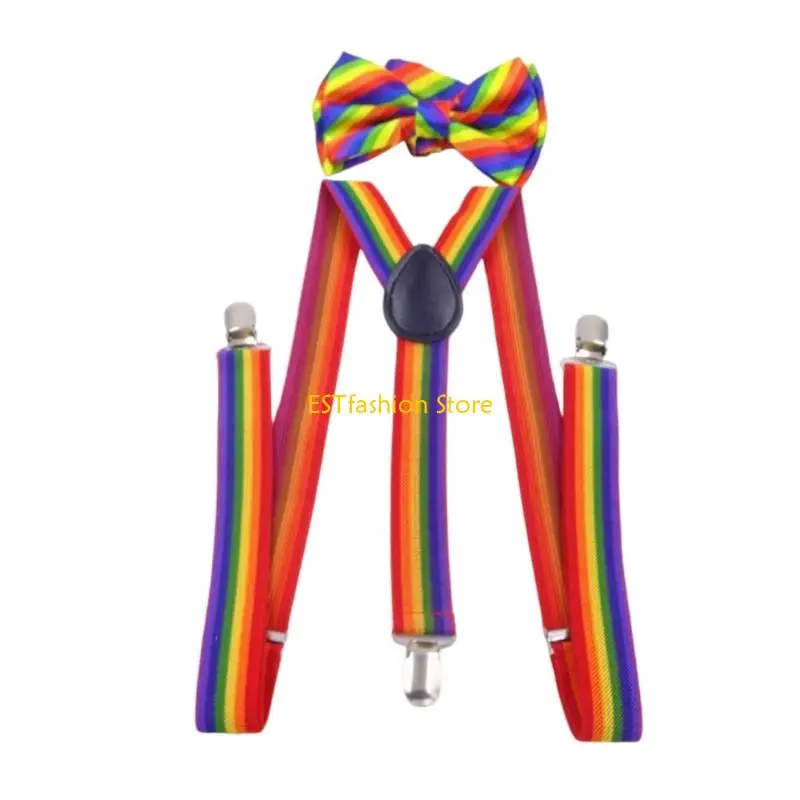 

Y5GC Rainbow Suspenders and Bowtie Set For Stage Performances And Costume Parties