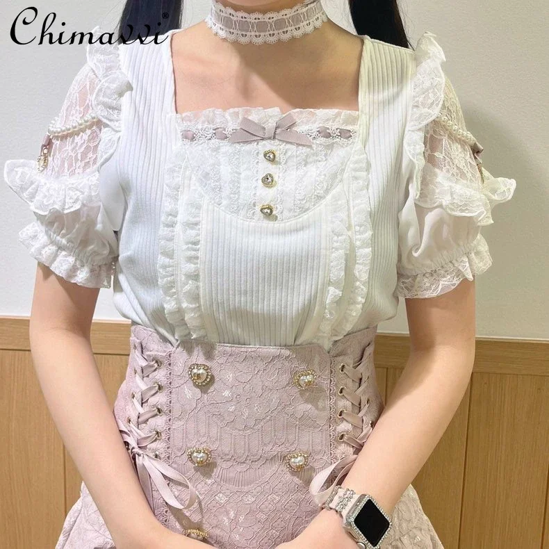 Japanese Liz Mine Series Mass-Produced Sweet Big Bow Neck Band Bottoming Shirt Autumn Girly Short Sleeve Pullover Lolita Top