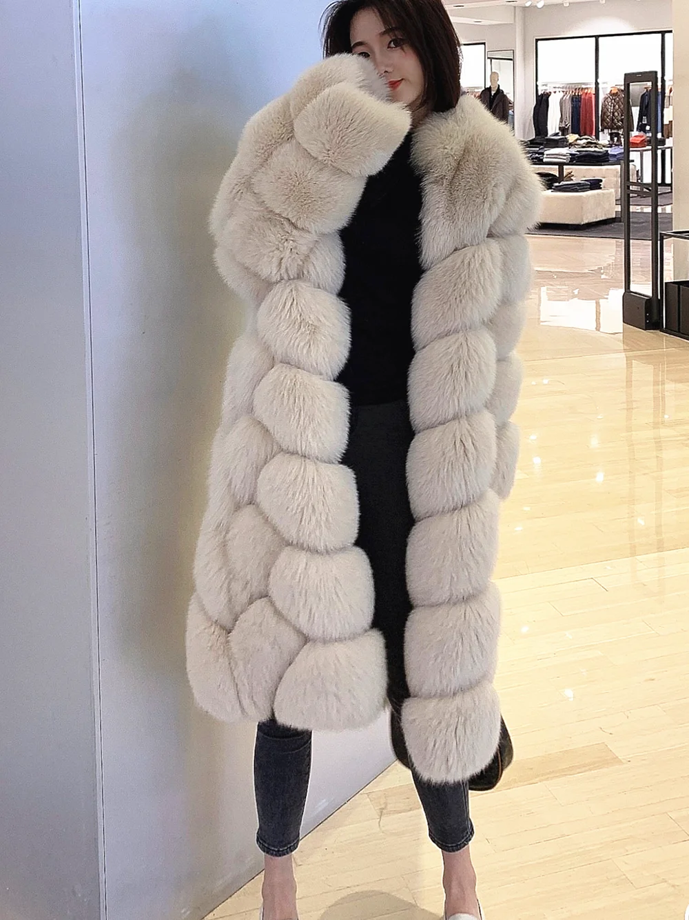 Long Real Fox Fur Coat with Collar for Women, Black and White Cropped Jackets, Full Sleeves, Luxury, Plus Size, Winter