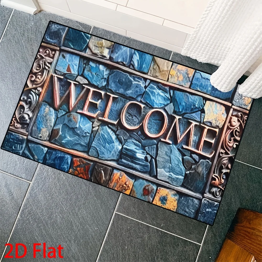 2D Flat Stone Brick Texture Welcome Text Rustic Flannel Door Mat Non Slip Vintage Rug For Entryway Porch Floor