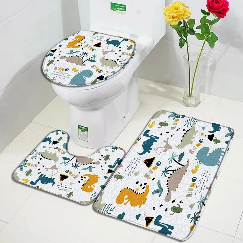 Cartoon Dinosaur Bath Mat Set Funny Animals Tropical Plant Coconut Tree Cactus Kids Carpet Bathroom Decor Floor Rug Toilet Cover