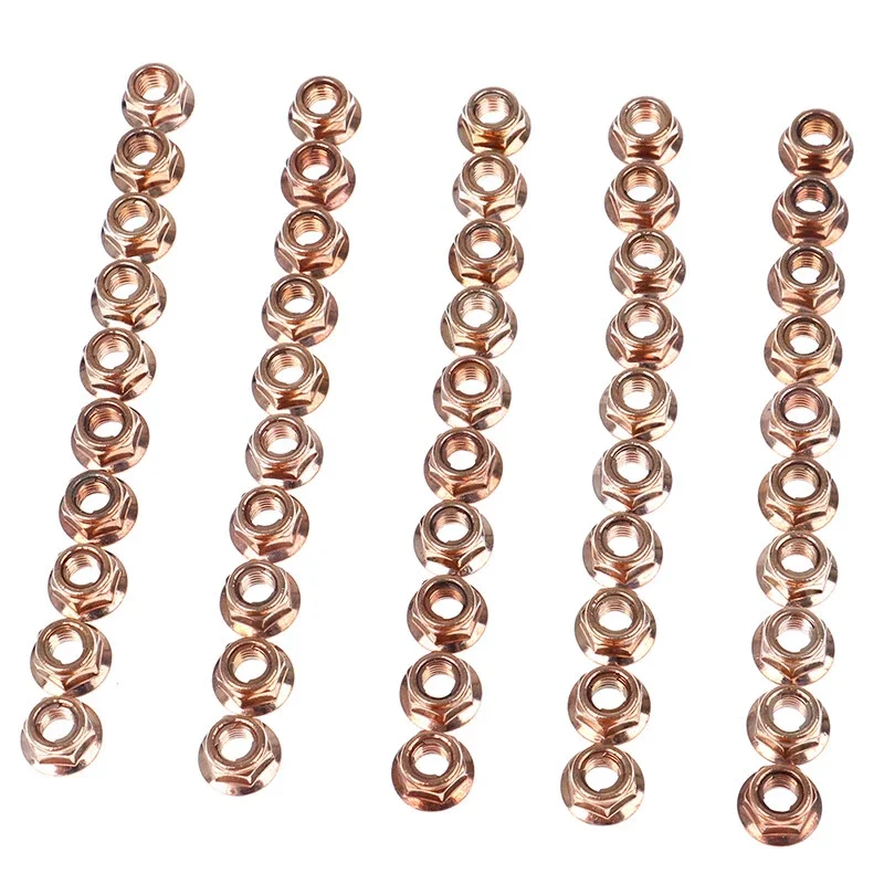 50pcs Exhaust Stud Hex Copper Exhaust Nuts M8 Copper-plated Head Stud Lock Nuts Copper Bolt Screw Turbo Flange Locking Nut