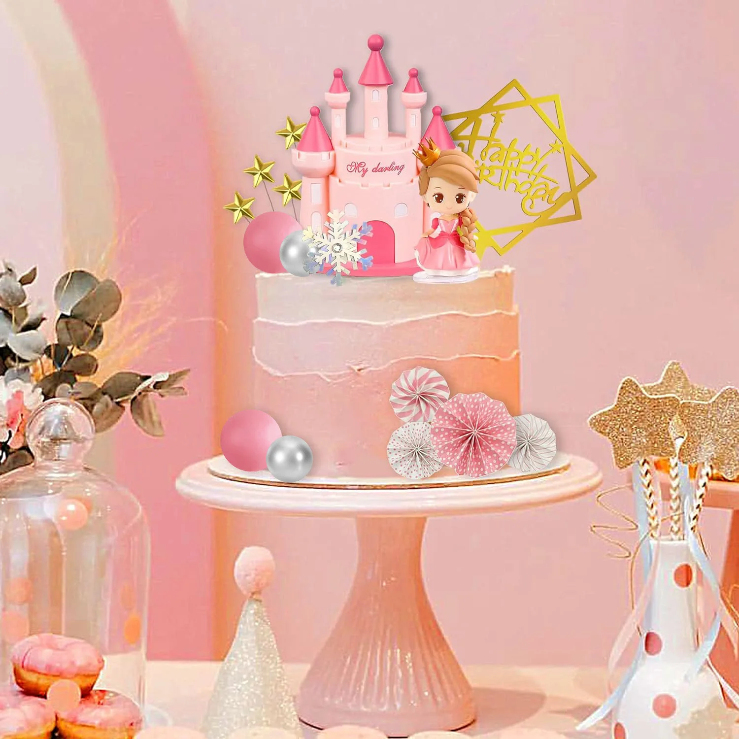 Princess Cake Topper Castle Cake Decoration for Girl Kid Happy Birthday theme Party Decorations Princess Baby Shower Supplies - view 6